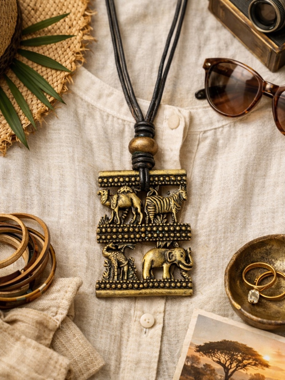 Chico’s Safari Animal Pendant Necklace Boho Statement Long 30”
